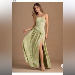 Azazie Strapless Light Green Floral Jacquard Gown